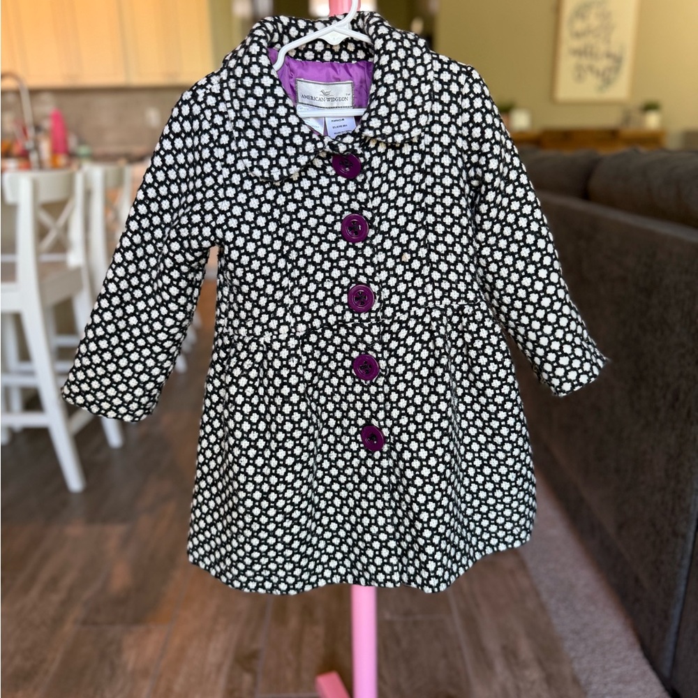 Black & White Polka Dot Girls Coat with Purple Buttons, American-Widgeon